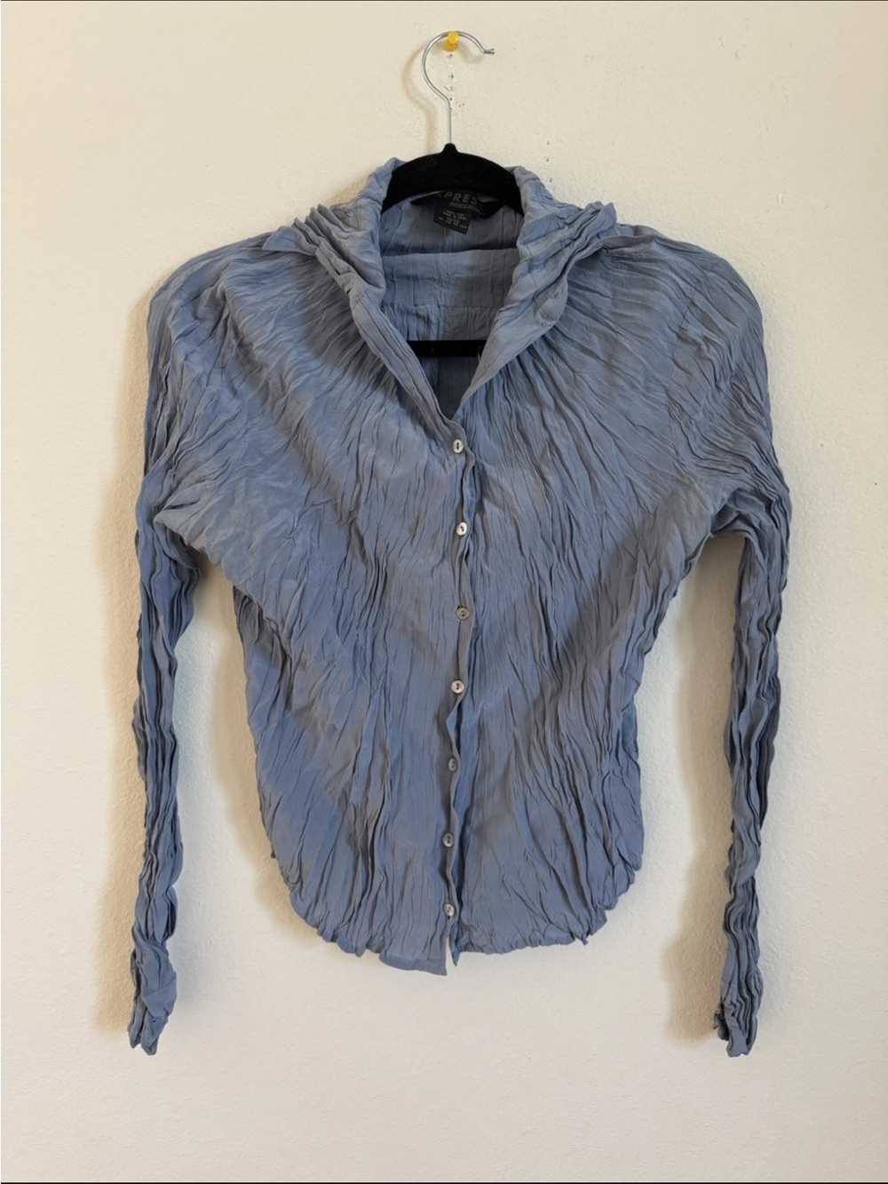 Vintage Y2K Express Silk Dusty Blue Scrunched Silk Office Siren Button Up Top S